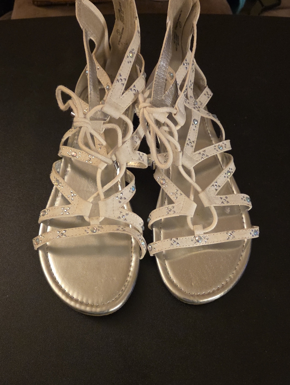 Justice Cream Gladiator Lace-Up Sandals with Rhinestones